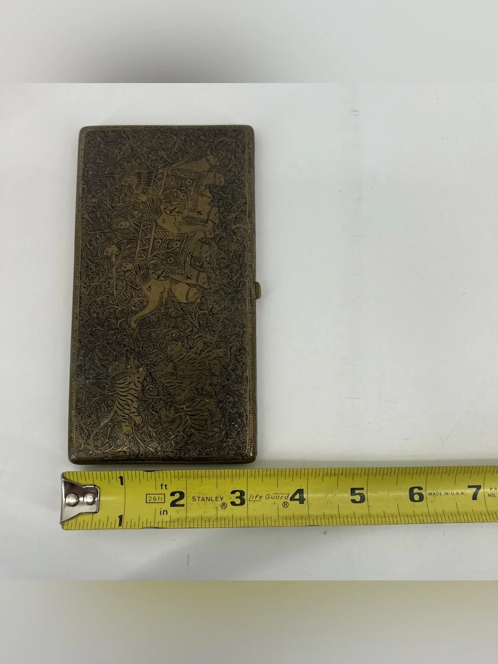 Vintage Brass Etched Cigarette Case Elastic Band Ornate Elephants Hunting Patina